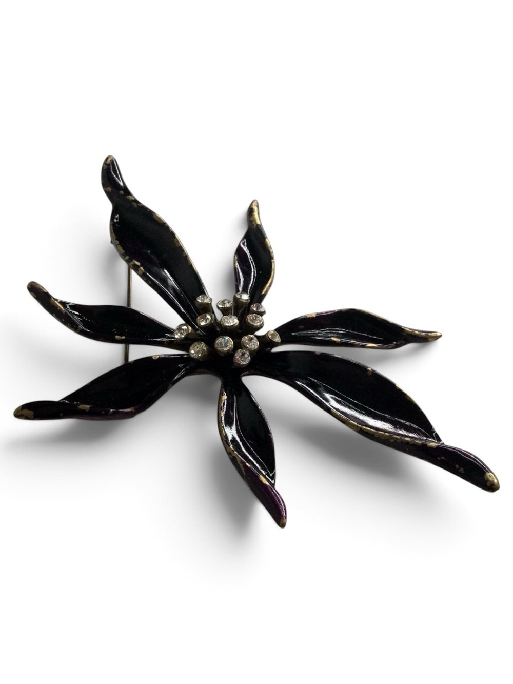 Vintage Ben-Amun Antiqued Gold-Tone Black-Purple Enamel Floral Rhinestone Brooch - Picture 6 of 14